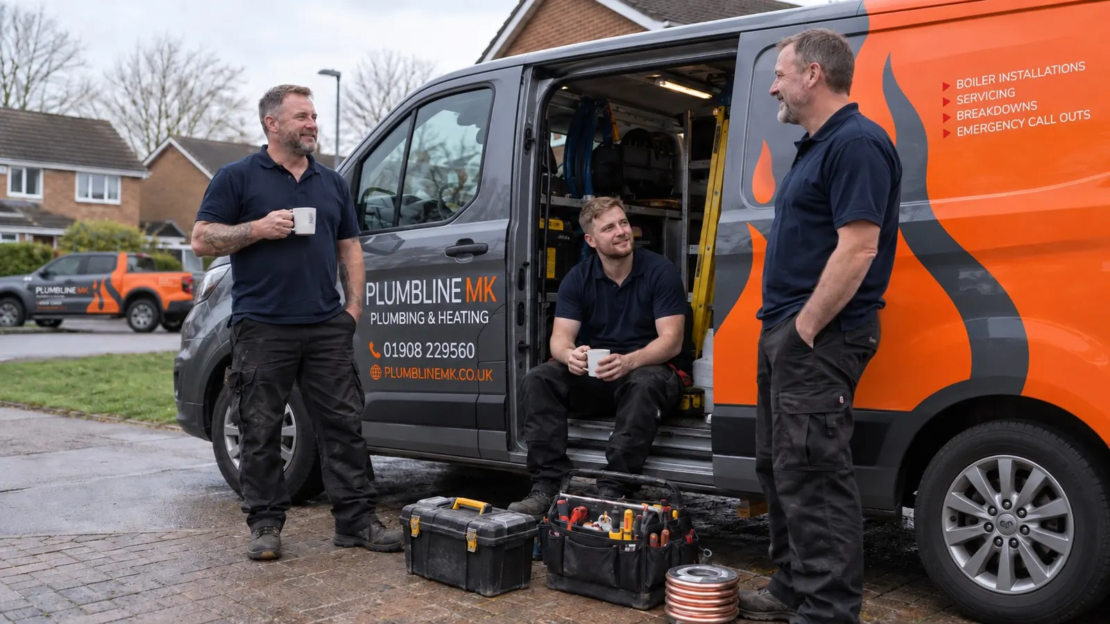 Illustration of heating engineers beside Plumbline MK branded vehicles